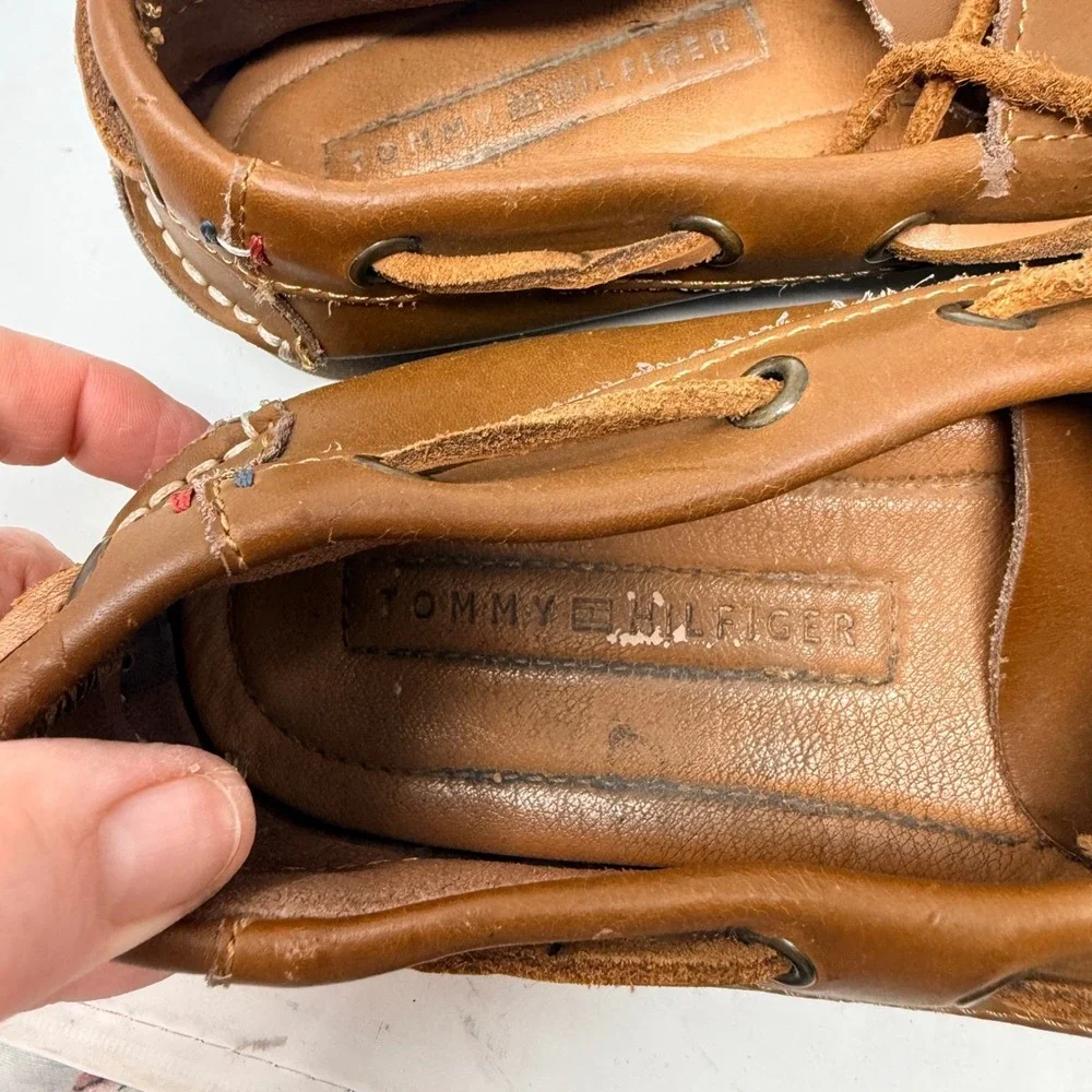 Tommy Hilfiger Mens Tan Leather Boat Shoes Nautical Loafers Size 7
